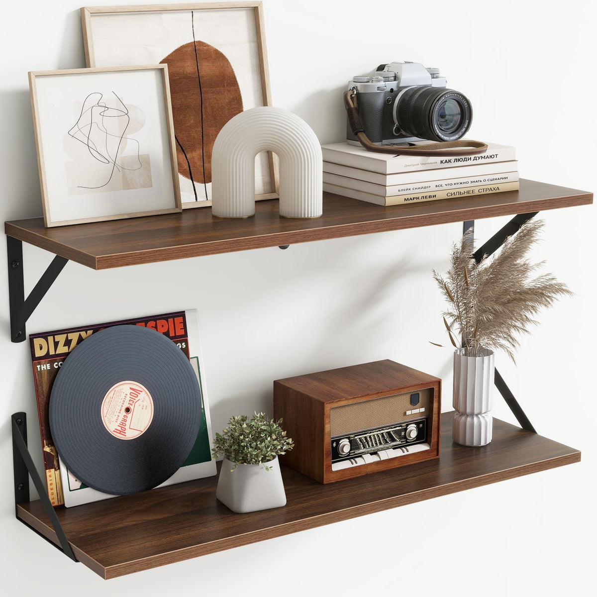 Acovy Deep Floating Shelves Wall Mounted, 36"x12" Brown Wood Shelves with Brackets Set of 2 for Bedroom, Living Room, Bathroom, Kitchen, Office - Storage & Display Shelf for Decor, Books, Plants