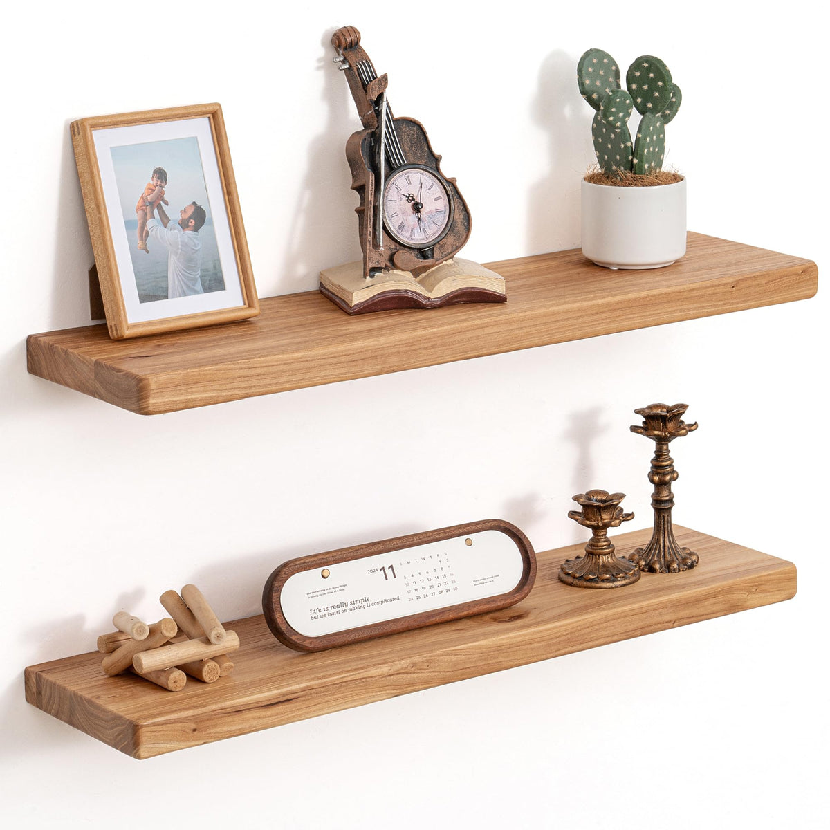 Floating Shelves for Wall Decor, Rustic Solid Elm Wood Live Edge Floating Shelves Wall Mounted, Wall Shelves with Invisible Bracket for Living Room Bathroom Bedroom Kitchen, 24 Inch Set of 2, Natural