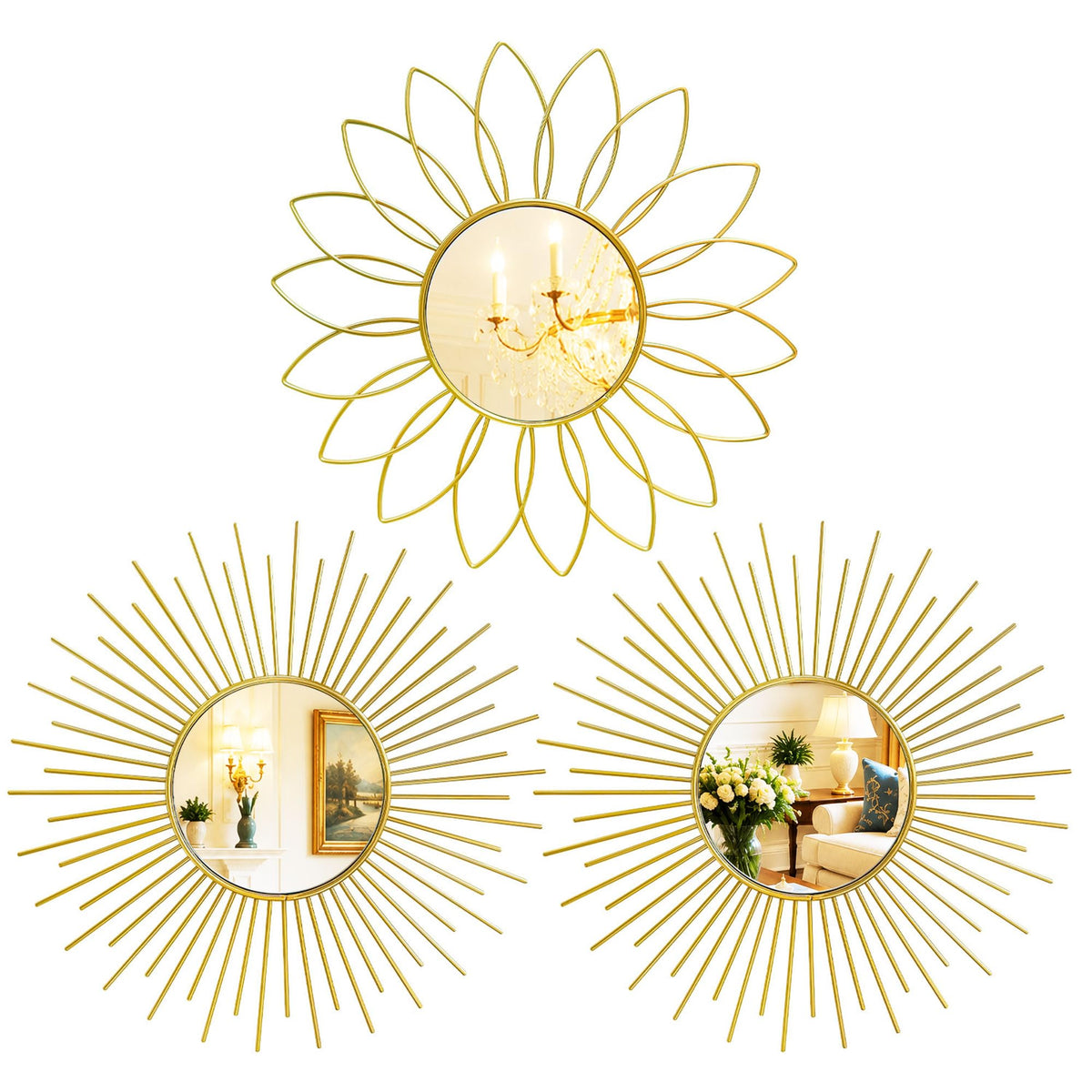 3 Pack Metal Mirrors for Wall Sunburst Wall Mirrors Home Décor Decorative Hanging Wall Art for Living Room Bedroom Entryway (Gold, Flower+Sunburst)