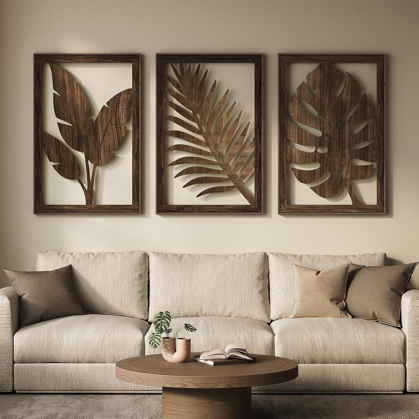 Framed Boho Cutout Carved Wood Wall Art Decor for Living Room, 24x36 Inch