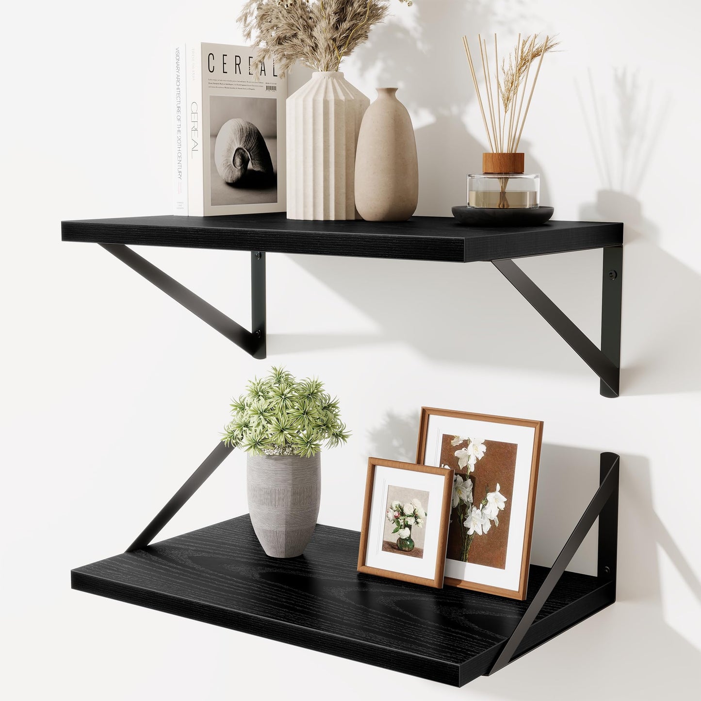 Acovy Deep Floating Shelves Wall Mounted, 36"x12" Black Wall Shelves with Brackets Set of 2 for Bedroom, Living Room, Bathroom, Kitchen, Office - Storage & Display Shelf for Decor, Books, Plants
