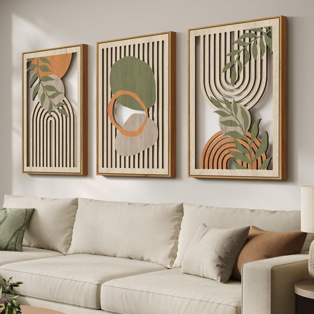 Framed Boho Cutout Carved Wood Wall Art Decor for Living Room, 24x36 Inch