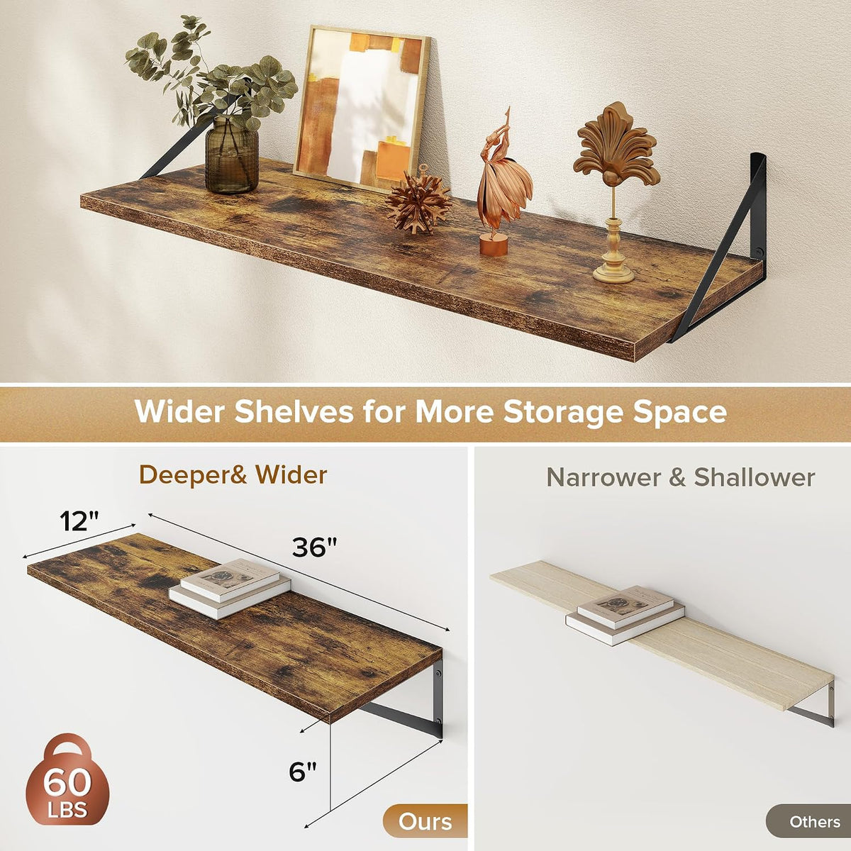 Acovy Deep Floating Shelves Wall Mounted, 36"x12" Brown Wood Shelves with Brackets Set of 2 for Bedroom, Living Room, Bathroom, Kitchen, Office - Storage & Display Shelf for Decor, Books, Plants