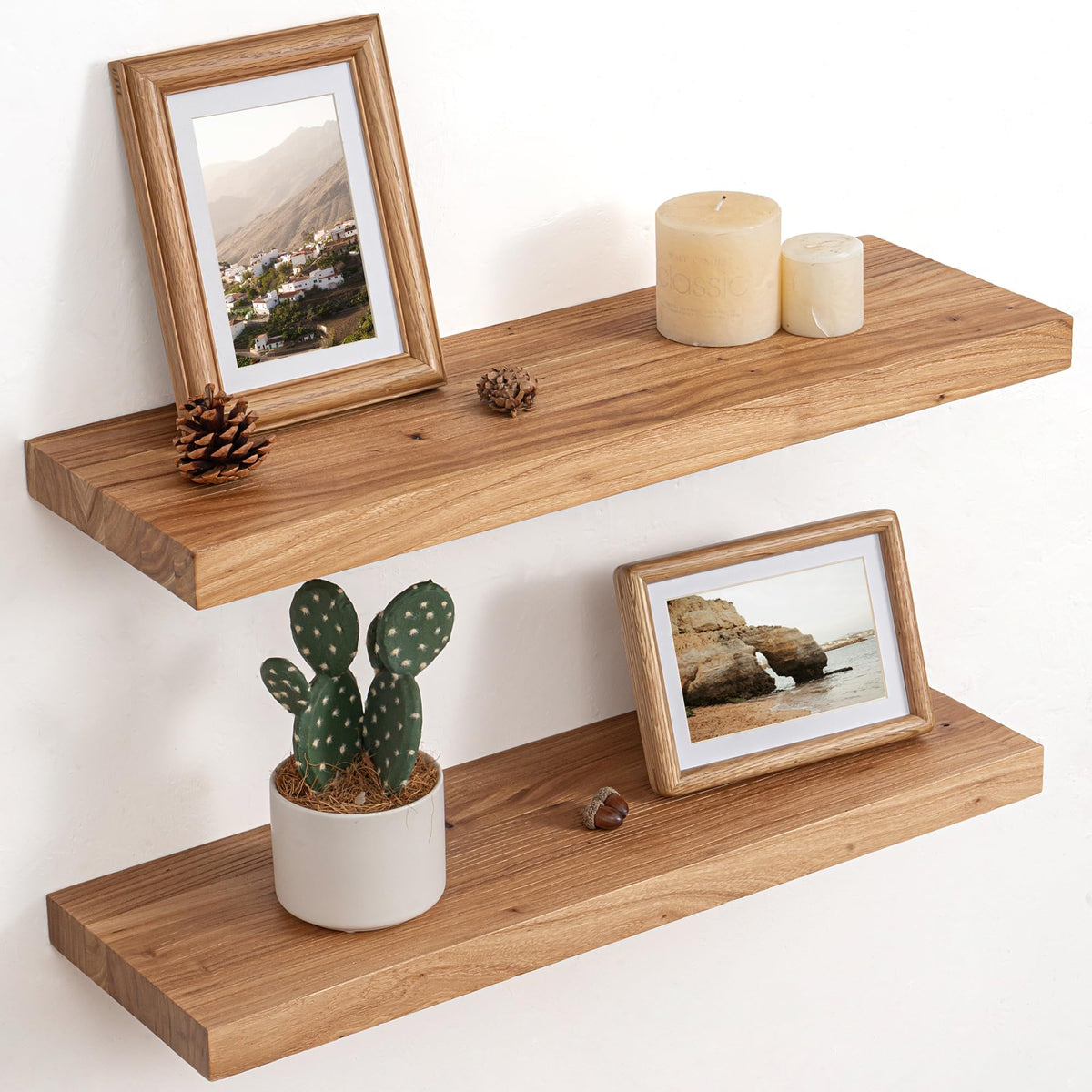 Floating Shelves for Wall Decor, Rustic Solid Elm Wood Live Edge Floating Shelves Wall Mounted, Wall Shelves with Invisible Bracket for Living Room Bathroom Bedroom Kitchen, 24 Inch Set of 2, Natural