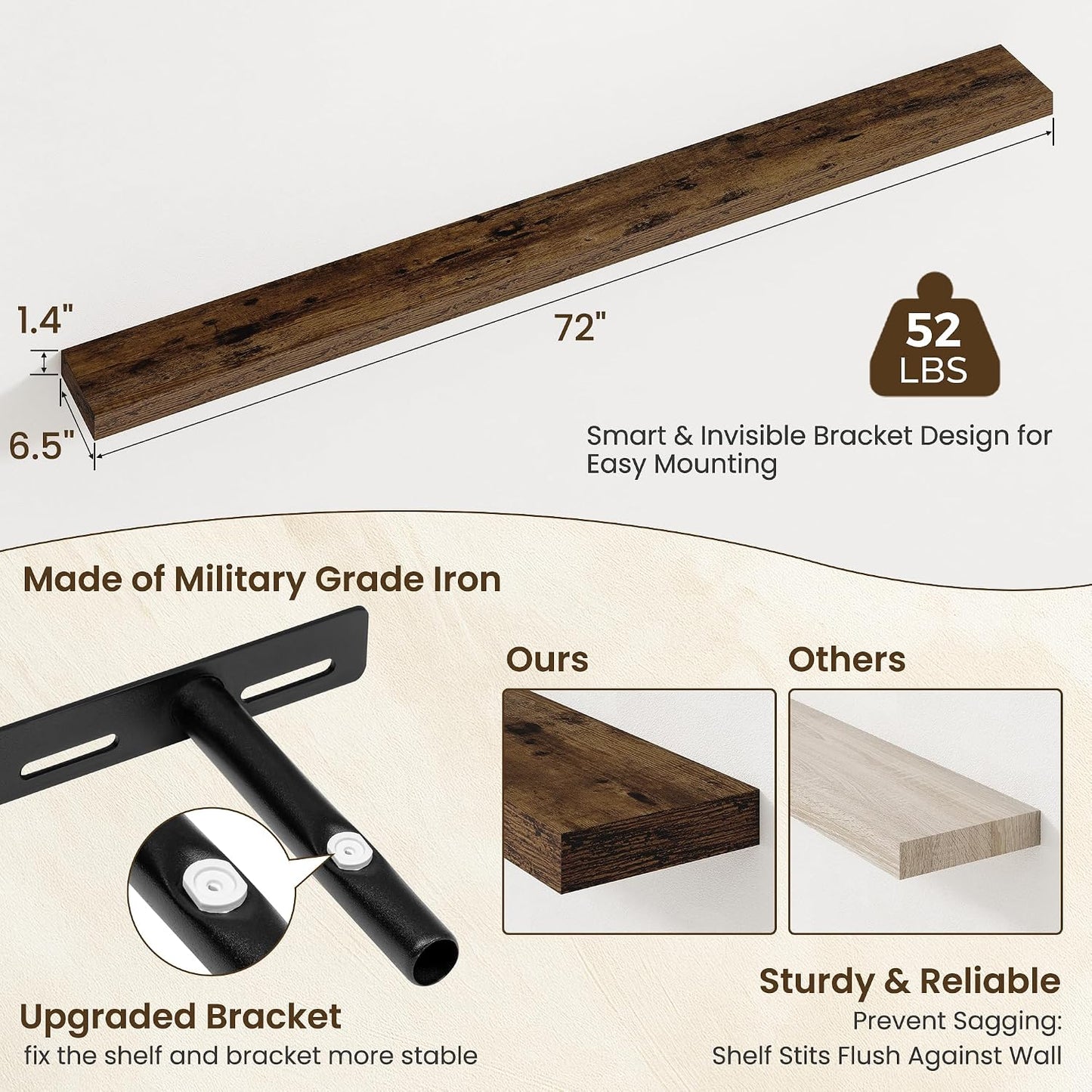 Axeman 72Inch Floating Shelves for Wall 2 Pack Shelves for Kitchen Bathroom Bedroom, Wooden Shelves with Invisible Brackets, Wall Mounted Rustic Wood Floating Shelf for Decor Books Storage, Brown