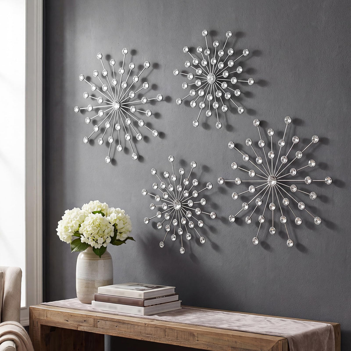 ZEXUIRU 3 Set Silver Starburst Wall Art for Home Decor Metal Bling Crystal Rhinestones Sunburst Wall Decor Sparkling Rhinestone Art Accent Silver - 13in