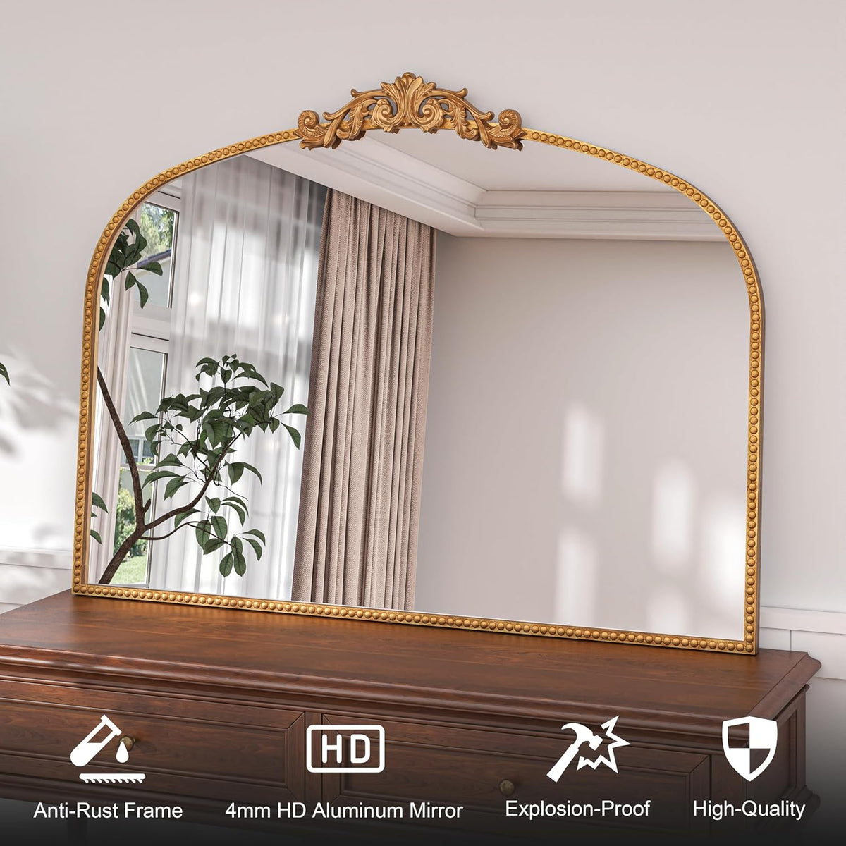 Vintage Gold Baroque Arched Metal Wall Mirror 48"x30"