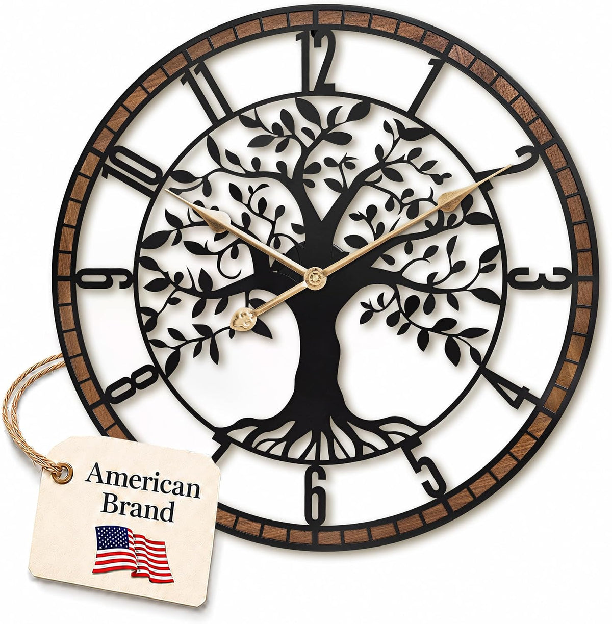 24 Inch Large Modern Metal Tree Wall Clock for Living Room Decor,Wood Frame