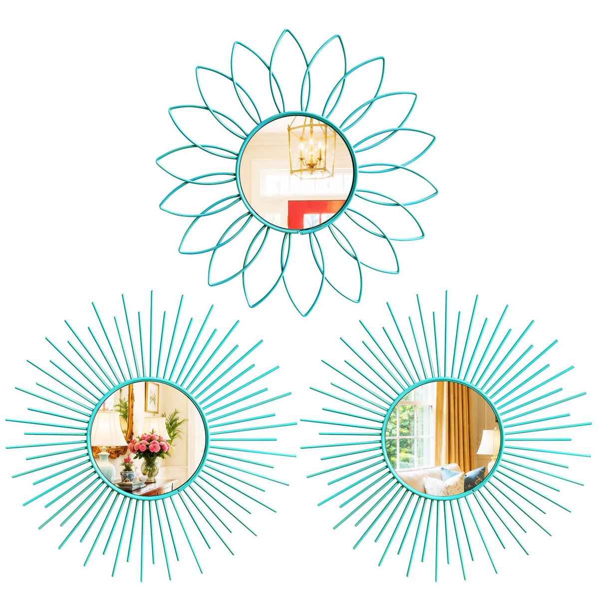 3 Pack Metal Mirrors for Wall Sunburst Wall Mirrors Home Décor Decorative Hanging Wall Art for Living Room Bedroom Entryway (Gold, Flower+Sunburst)
