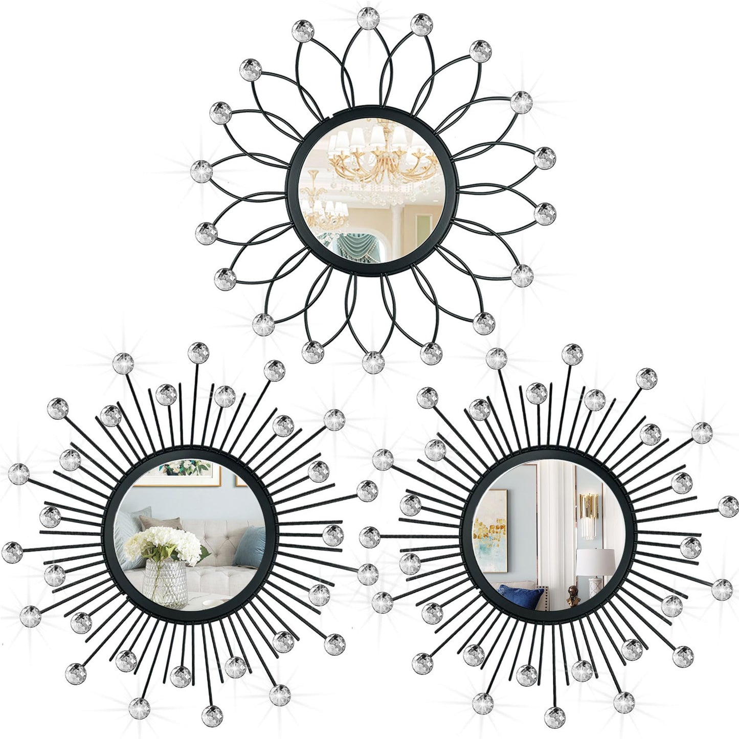 3 Pack Metal Mirrors for Wall Sunburst Wall Mirrors Home Décor Decorative Hanging Wall Art for Living Room Bedroom Entryway (Gold, Flower+Sunburst)