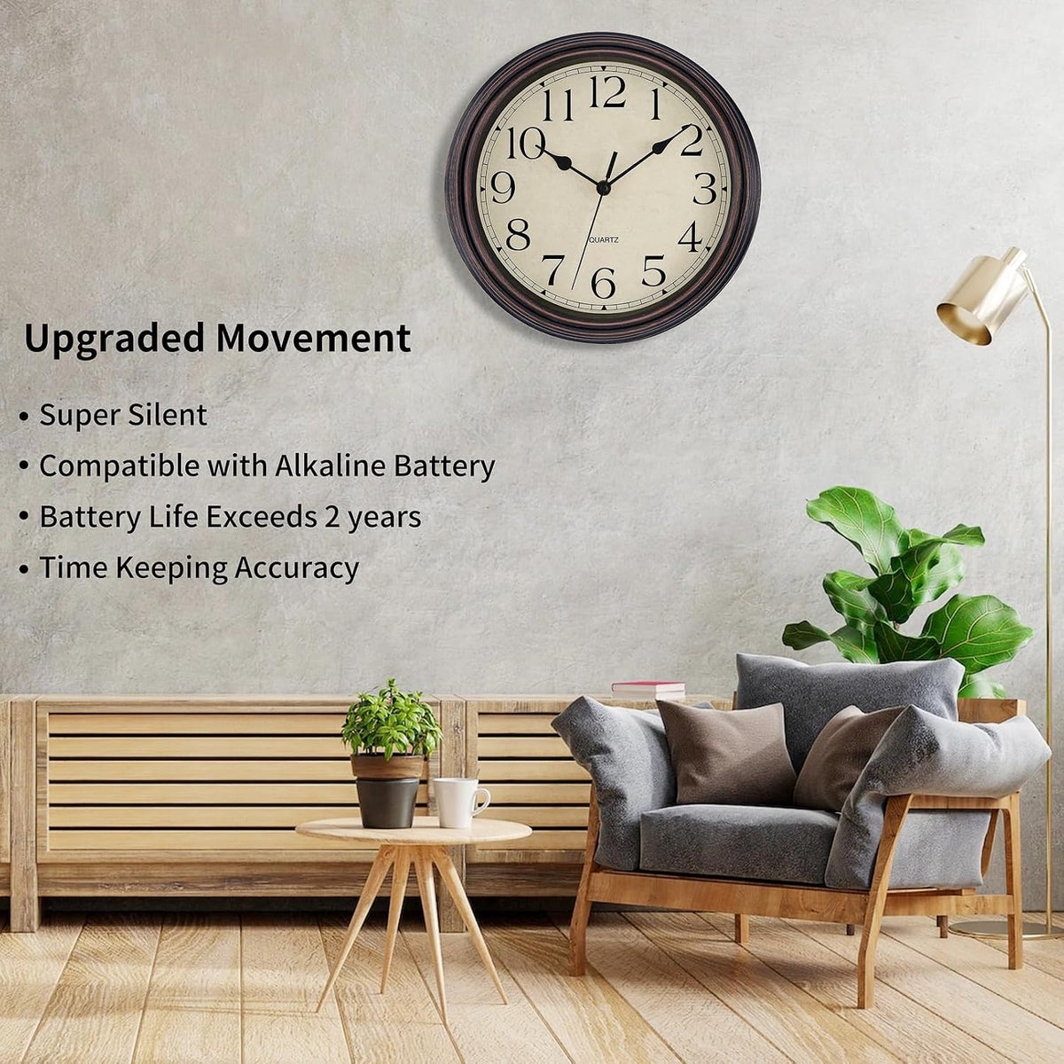Foxtop Retro Silent Non-Ticking Round Classic Clock Quartz Decorative Battery Operated Wall Clock for Living Room Kitchen Home Office 12 Inch (Bronze)
