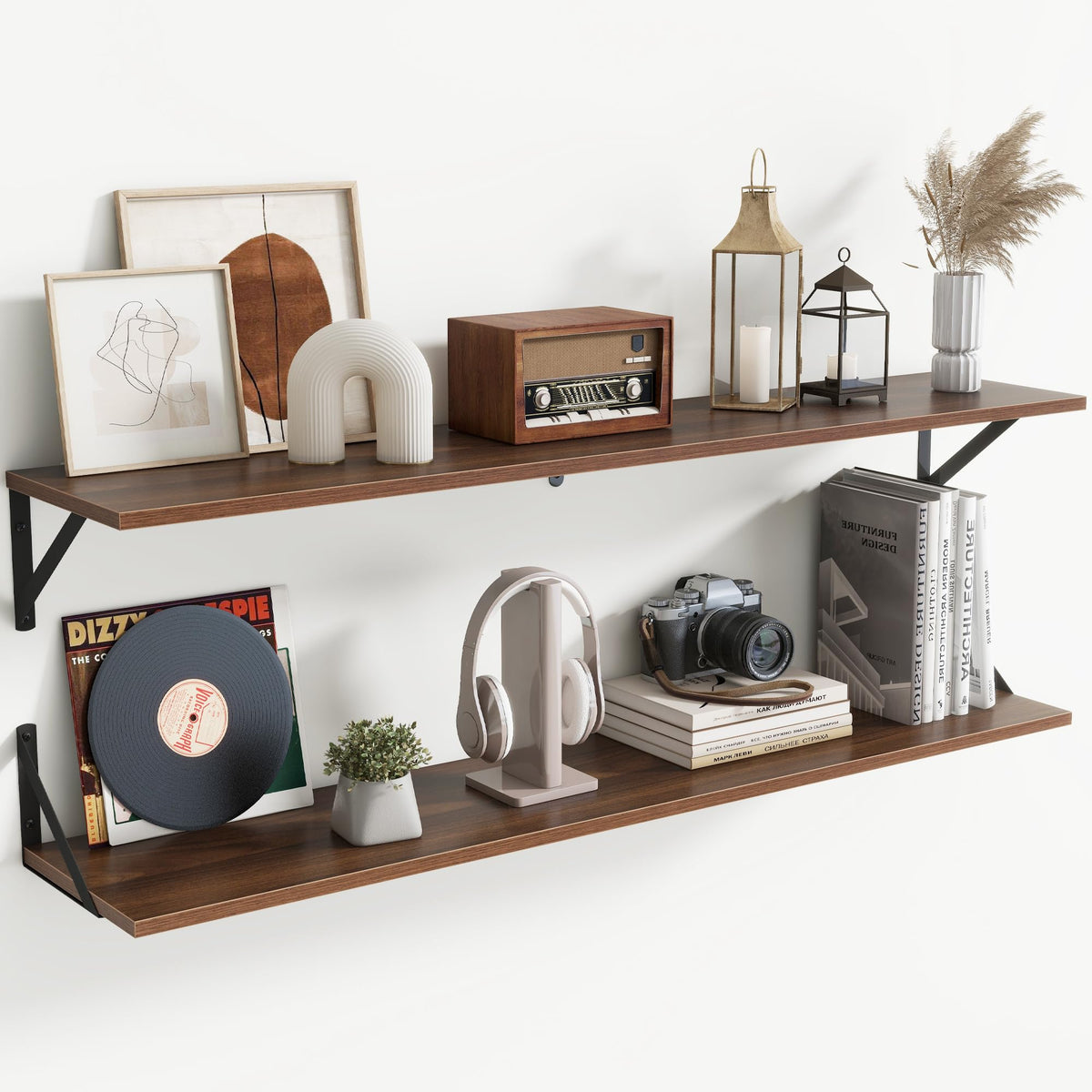 Acovy Deep Floating Shelves Wall Mounted, 36"x12" Black Wall Shelves with Brackets Set of 2 for Bedroom, Living Room, Bathroom, Kitchen, Office - Storage & Display Shelf for Decor, Books, Plants