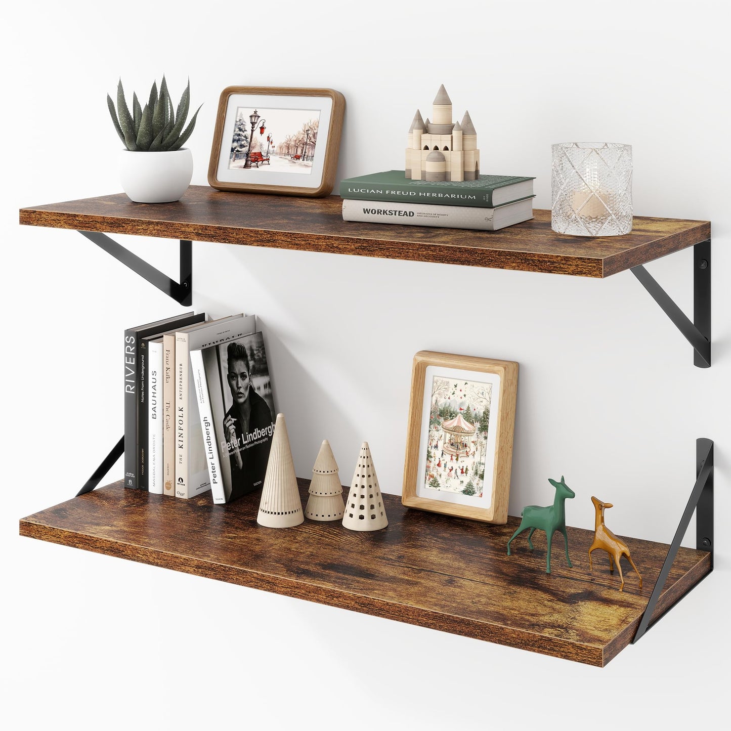 Acovy Deep Floating Shelves Wall Mounted, 36"x12" Brown Wood Shelves with Brackets Set of 2 for Bedroom, Living Room, Bathroom, Kitchen, Office - Storage & Display Shelf for Decor, Books, Plants