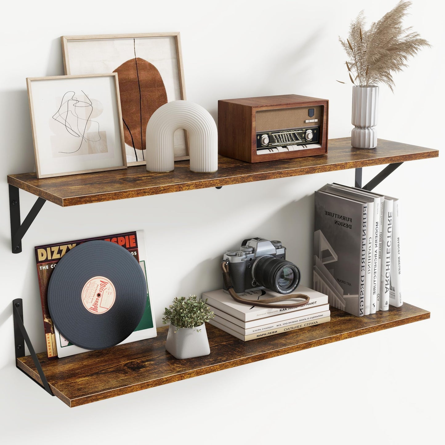 Acovy Deep Floating Shelves Wall Mounted, 36"x12" Black Wall Shelves with Brackets Set of 2 for Bedroom, Living Room, Bathroom, Kitchen, Office - Storage & Display Shelf for Decor, Books, Plants