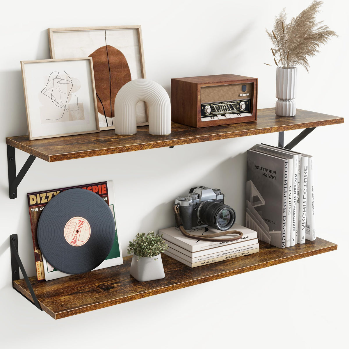 Acovy Deep Floating Shelves Wall Mounted, 36"x12" Brown Wood Shelves with Brackets Set of 2 for Bedroom, Living Room, Bathroom, Kitchen, Office - Storage & Display Shelf for Decor, Books, Plants