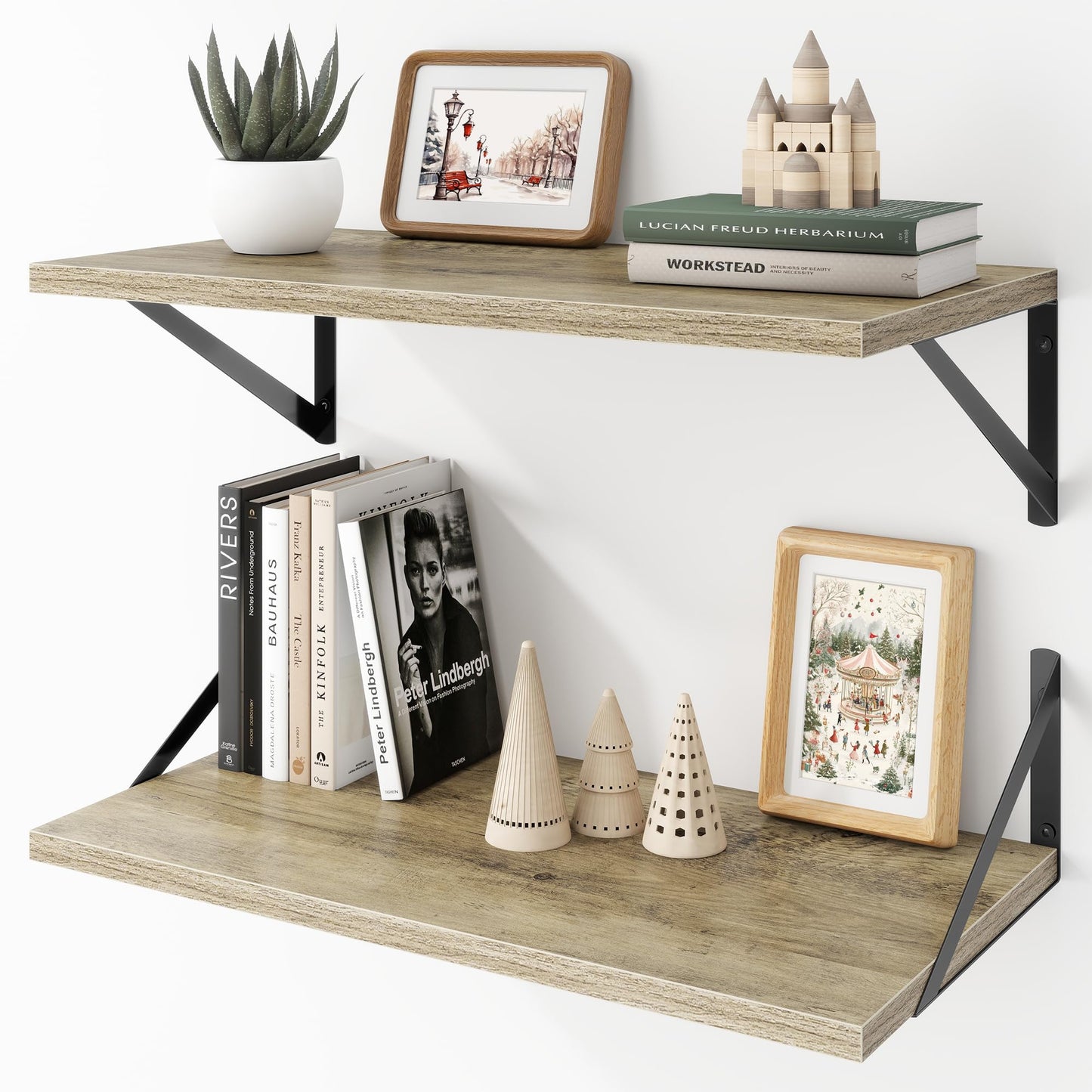 Acovy Deep Floating Shelves Wall Mounted, 36"x12" Brown Wood Shelves with Brackets Set of 2 for Bedroom, Living Room, Bathroom, Kitchen, Office - Storage & Display Shelf for Decor, Books, Plants