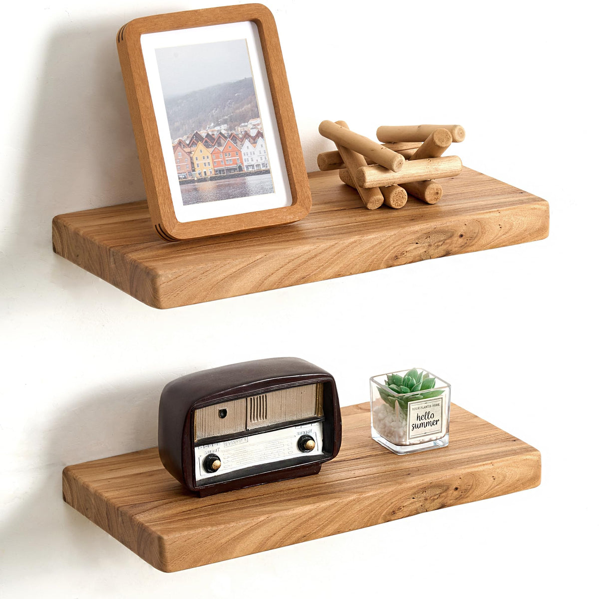 Floating Shelves for Wall Decor, Rustic Solid Elm Wood Live Edge Floating Shelves Wall Mounted, Wall Shelves with Invisible Bracket for Living Room Bathroom Bedroom Kitchen, 24 Inch Set of 2, Natural