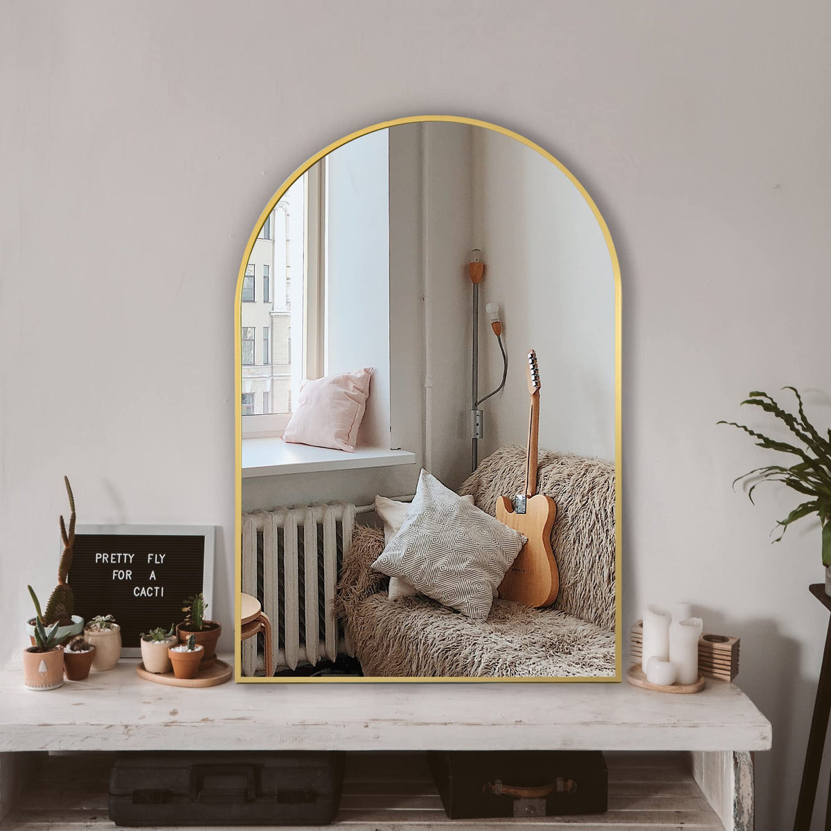 Arched Full Length Mirror, 56"x15" Standing Body Mirror for Wall, Gold