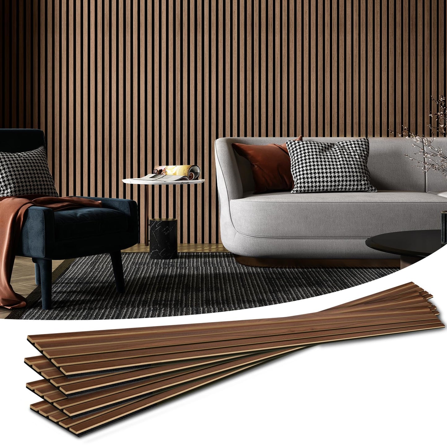 Art3d 6-Pack Soundproof Wood Slat Wall Panels, 94.5 x 7.9 Inch, Walnut