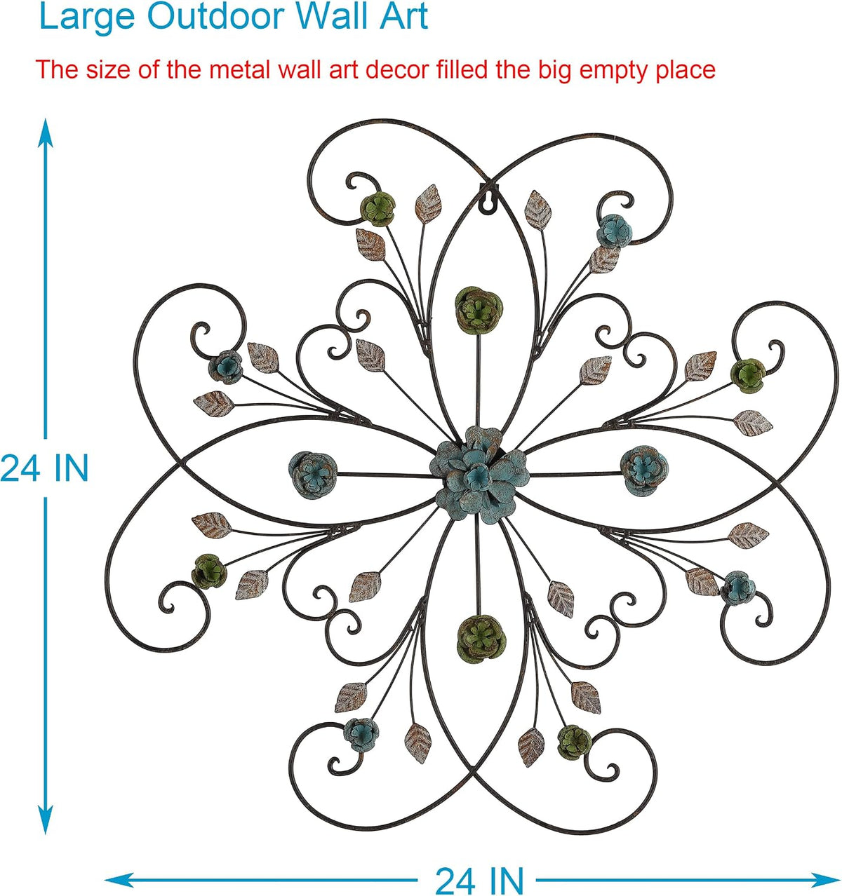 Phaxth 24" Metal Flower Wall Art Decor with Rust Leaf, Large Scroll Outdoor Wall Art Decor