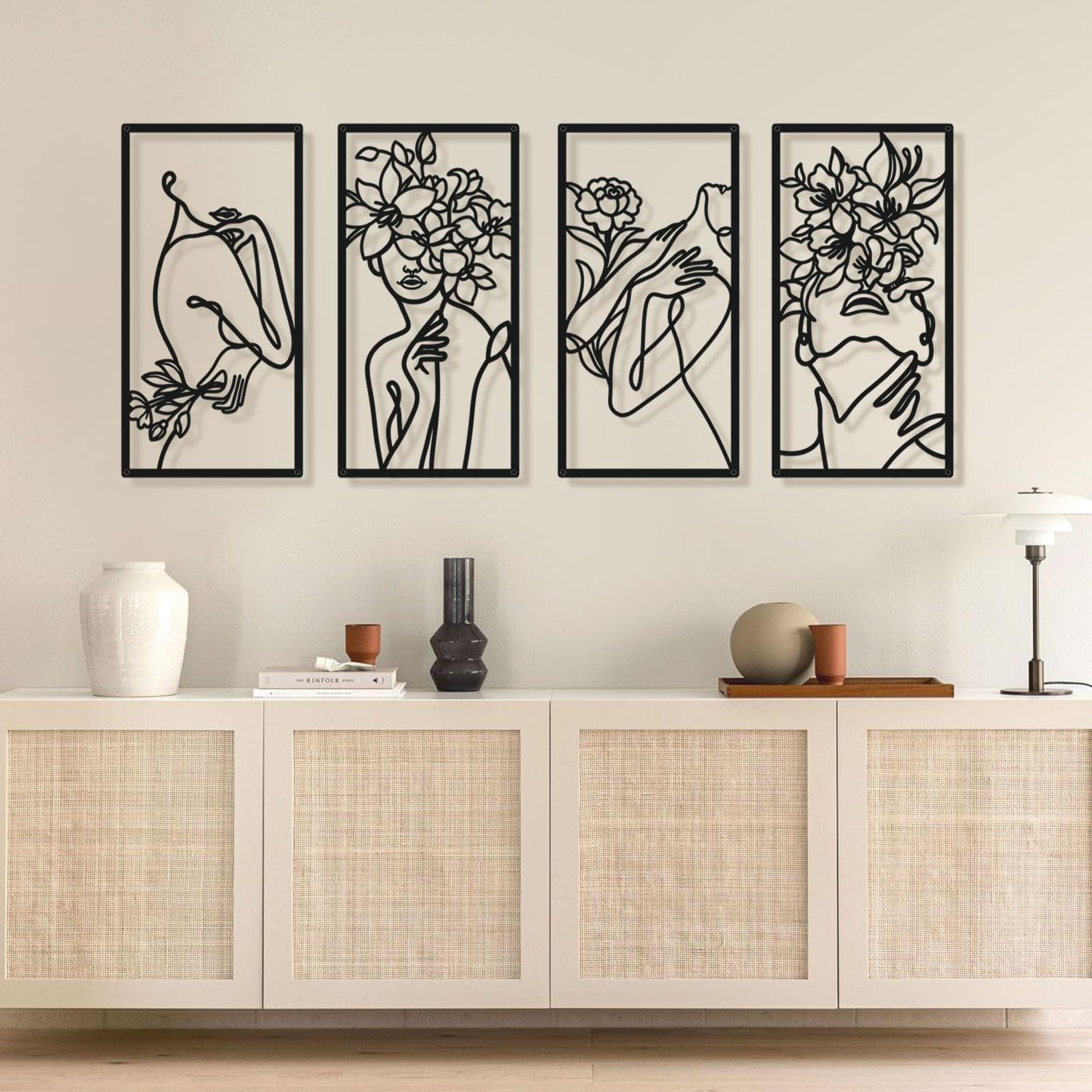 Black Metal Abstract Wall Art, Minimalist Woman Flower Bathroom Wall Decor