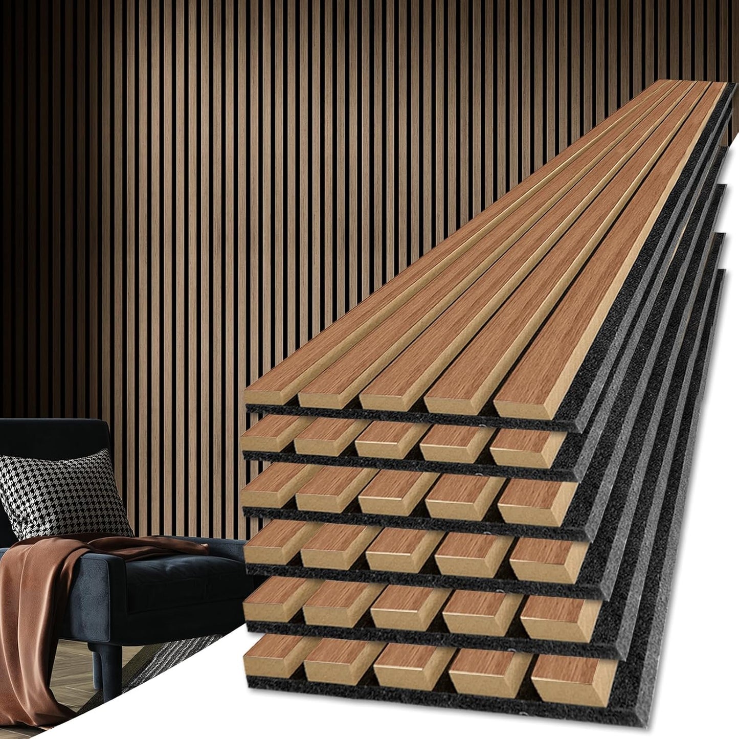 Art3d 6-Pack Soundproof Wood Slat Wall Panels, 94.5 x 7.9 Inch, Walnut