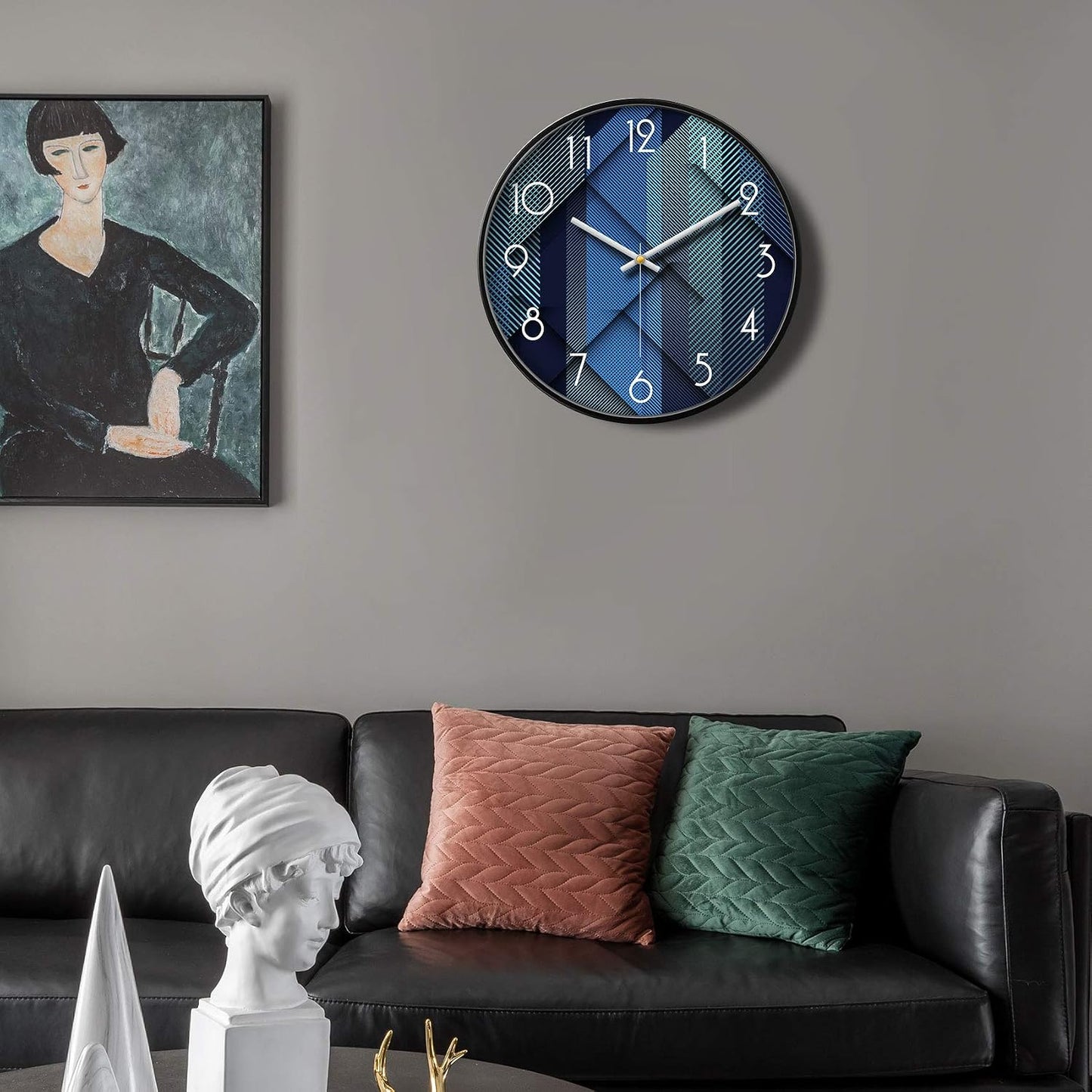 Silent Non-Ticking Analog Wall Clock, Geometric Blue Print, 12''