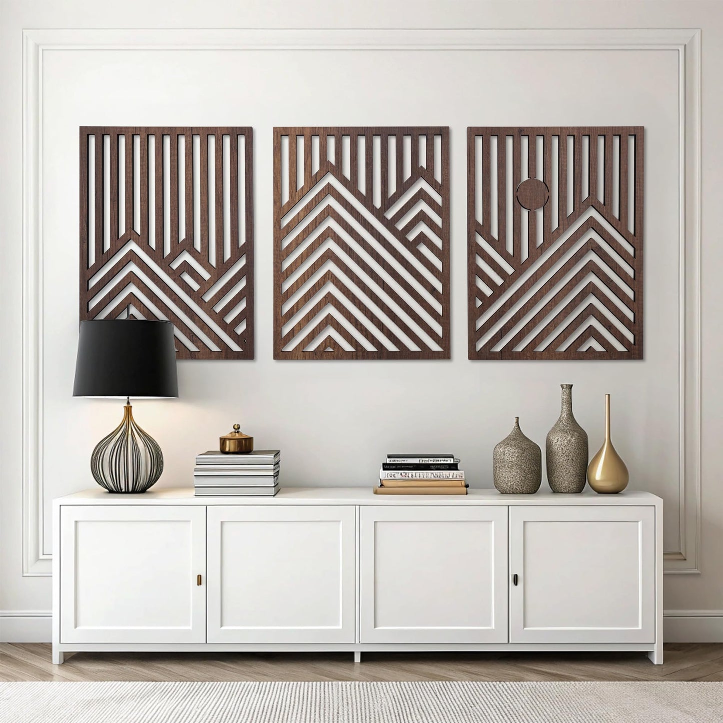 qmmp Modern Wooden Wall Sculptures - Set of 3 - Home Decor Accent - Large Wall Art for Living Room, Bedroom, Office - Easy Installation (Walnut, Medium - Mountain and Sun)