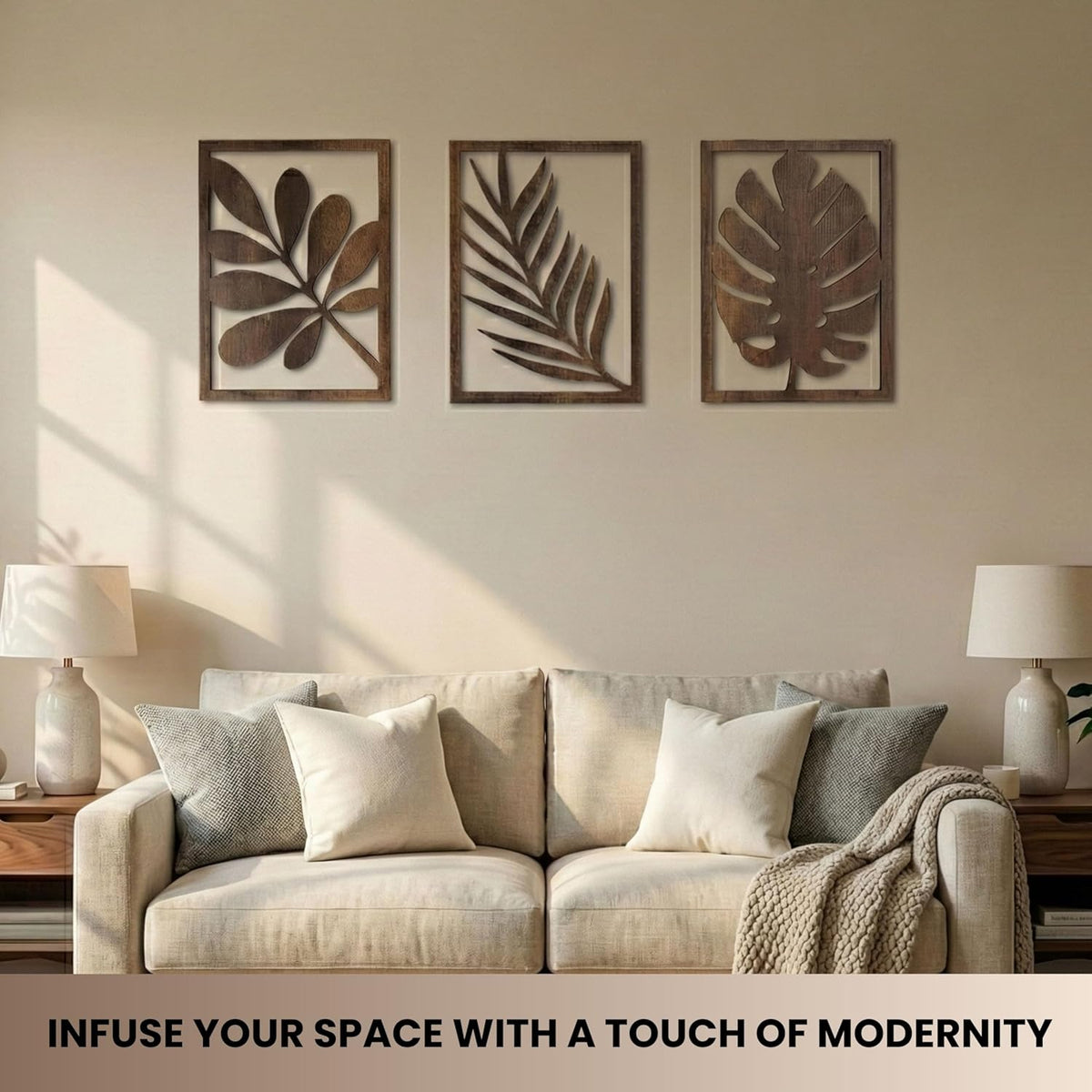 qmmp Modern Wooden Wall Sculptures - Set of 3 - Home Decor Accent - Large Wall Art for Living Room, Bedroom, Office - Easy Installation (Walnut, Large - Tree Leaves)
