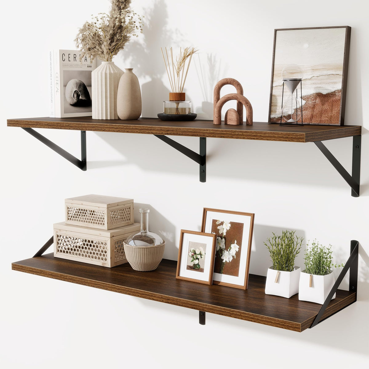 Acovy Deep Floating Shelves Wall Mounted, 36"x12" Black Wall Shelves with Brackets Set of 2 for Bedroom, Living Room, Bathroom, Kitchen, Office - Storage & Display Shelf for Decor, Books, Plants