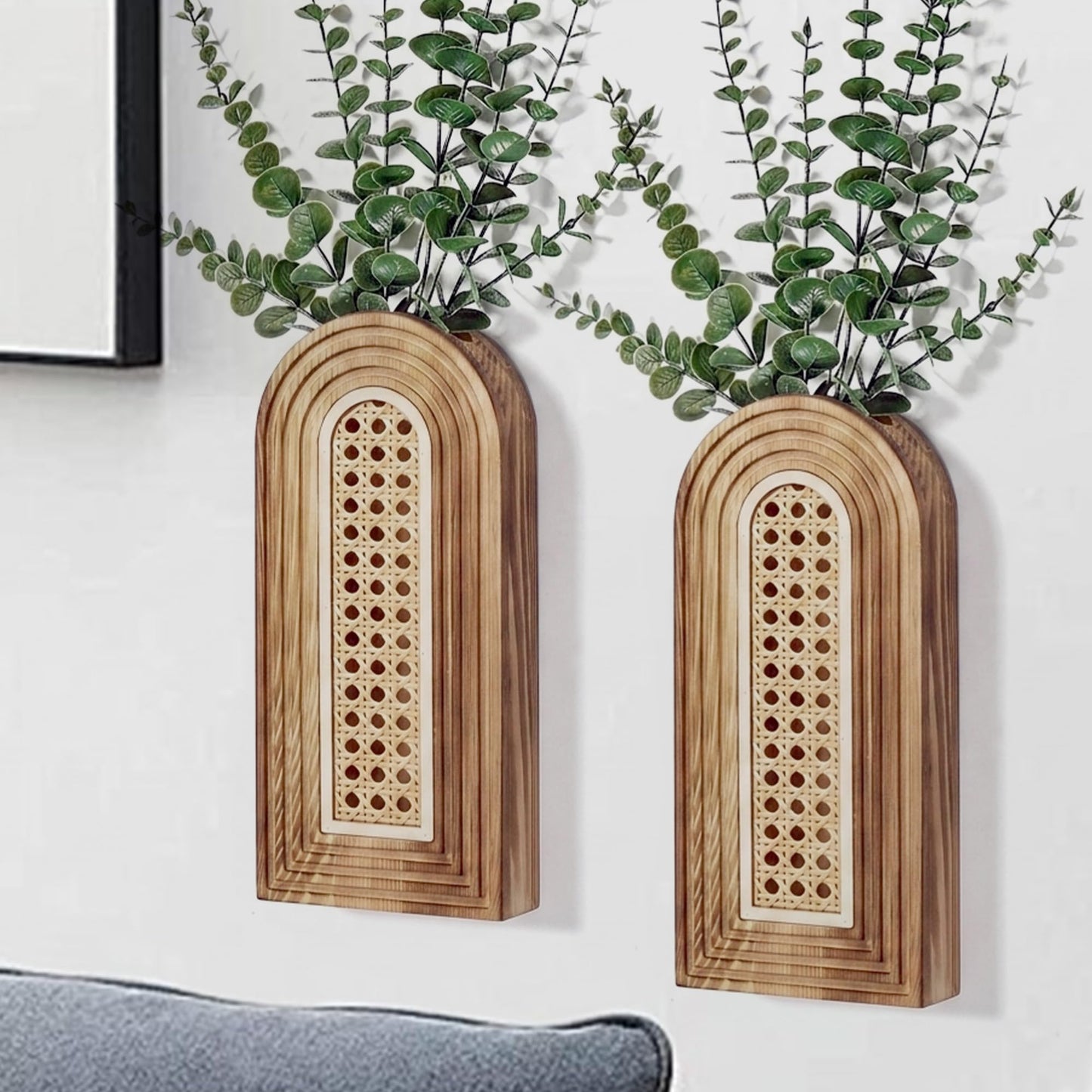 Dnnnii 2 Pack Wooden Wall Vase Set - Brown Finish Modern Farmhouse & Boho Wall Decor for Entryway, Hallway, Bathroom, Living Room, Dining Room, Narrow Spaces