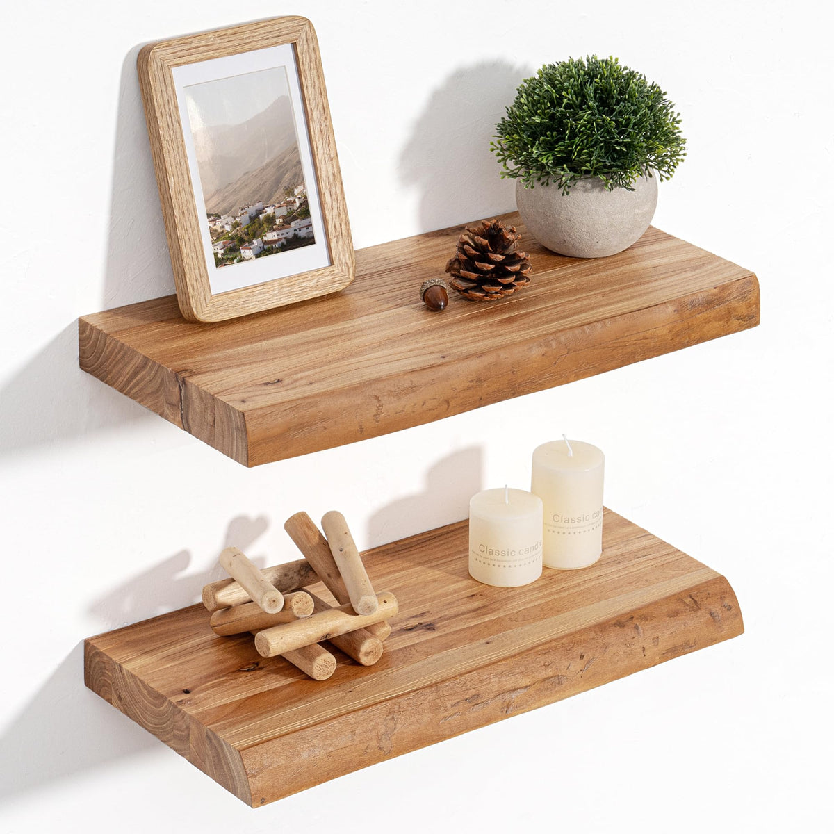 Floating Shelves for Wall Decor, Rustic Solid Elm Wood Live Edge Floating Shelves Wall Mounted, Wall Shelves with Invisible Bracket for Living Room Bathroom Bedroom Kitchen, 24 Inch Set of 2, Natural