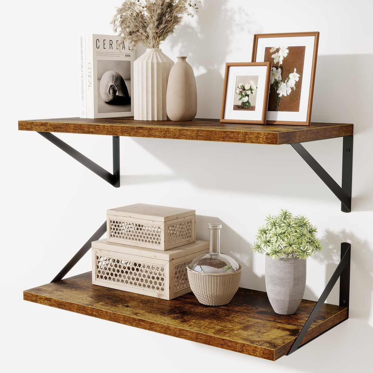 Acovy Deep Floating Shelves Wall Mounted, 36"x12" Black Wall Shelves with Brackets Set of 2 for Bedroom, Living Room, Bathroom, Kitchen, Office - Storage & Display Shelf for Decor, Books, Plants