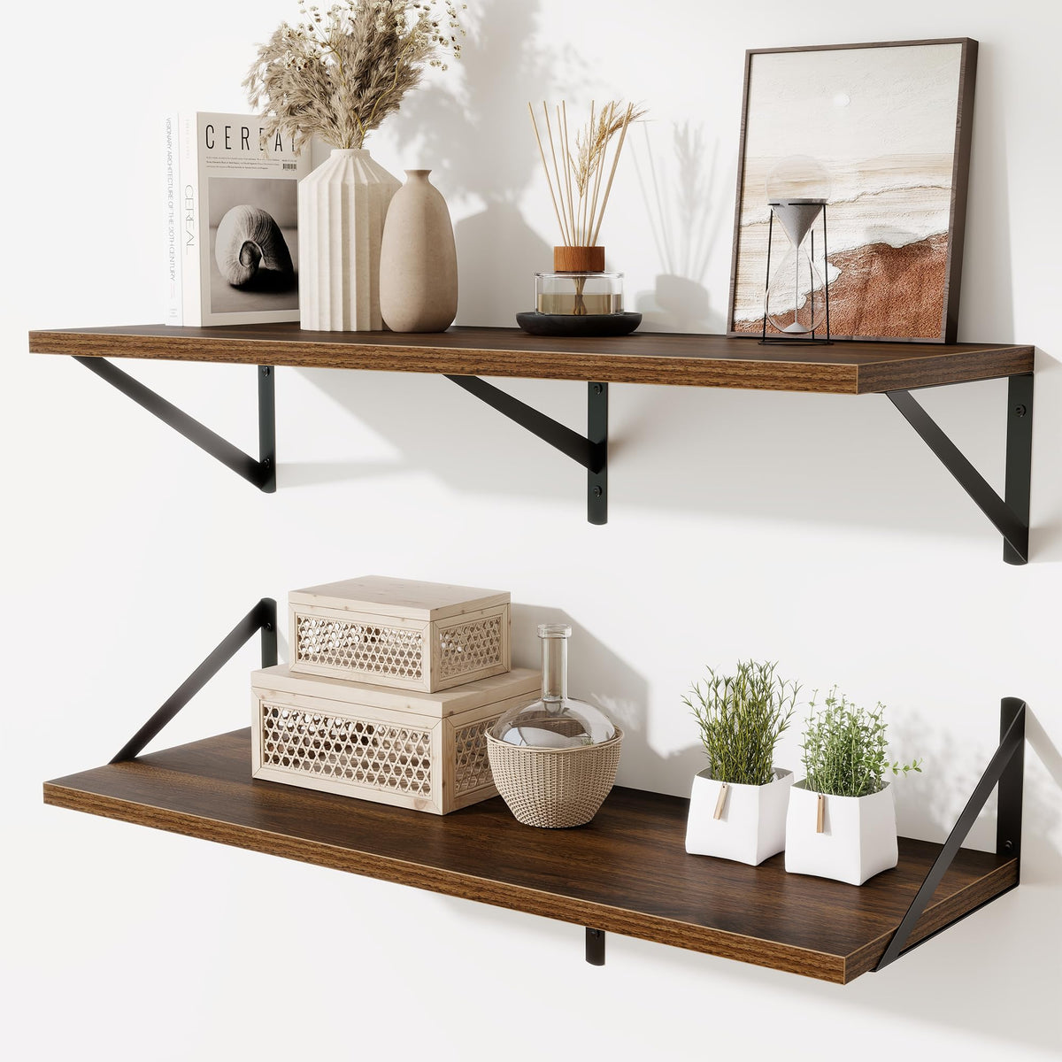 Acovy Deep Floating Shelves Wall Mounted, 36"x12" Black Wall Shelves with Brackets Set of 2 for Bedroom, Living Room, Bathroom, Kitchen, Office - Storage & Display Shelf for Decor, Books, Plants