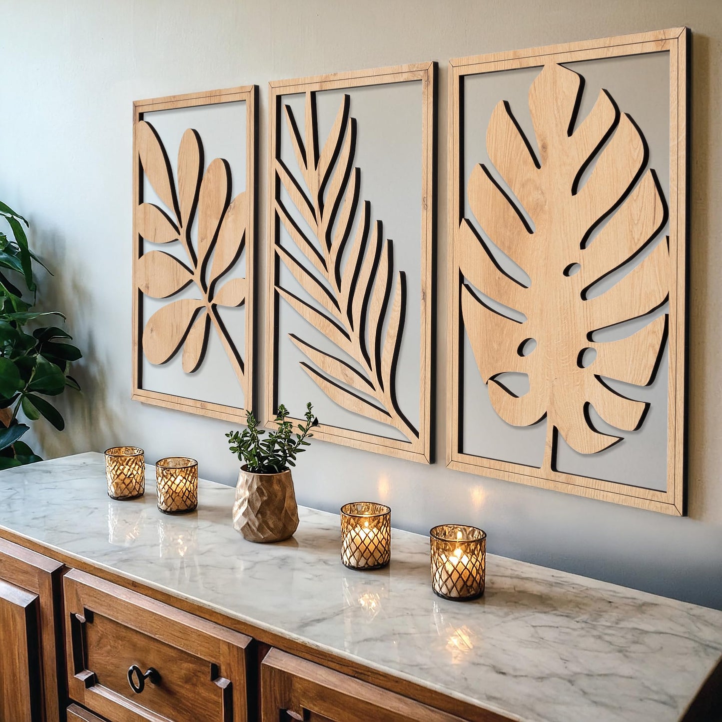qmmp Modern Wooden Wall Sculptures - Set of 3 - Home Decor Accent - Large Wall Art for Living Room, Bedroom, Office - Easy Installation (Walnut, Large - Tree Leaves)