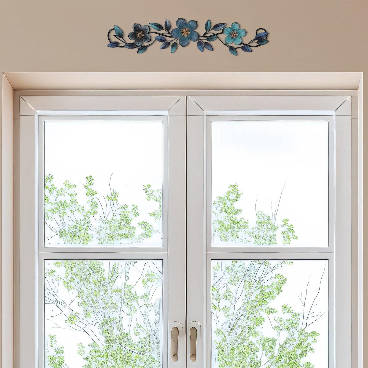 Wesiti Metal Flower Wall Decor Wrought Iron Scroll 15.7x3.7,Blue