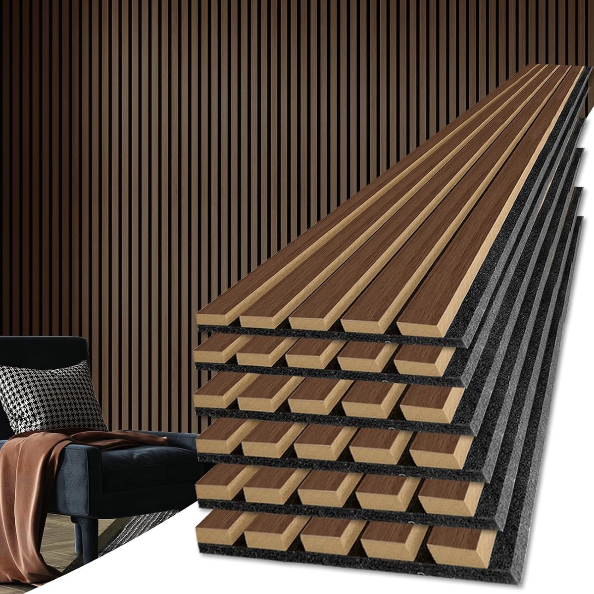 Art3d 6-Pack Soundproof Wood Slat Wall Panels, 94.5 x 7.9 Inch, Walnut