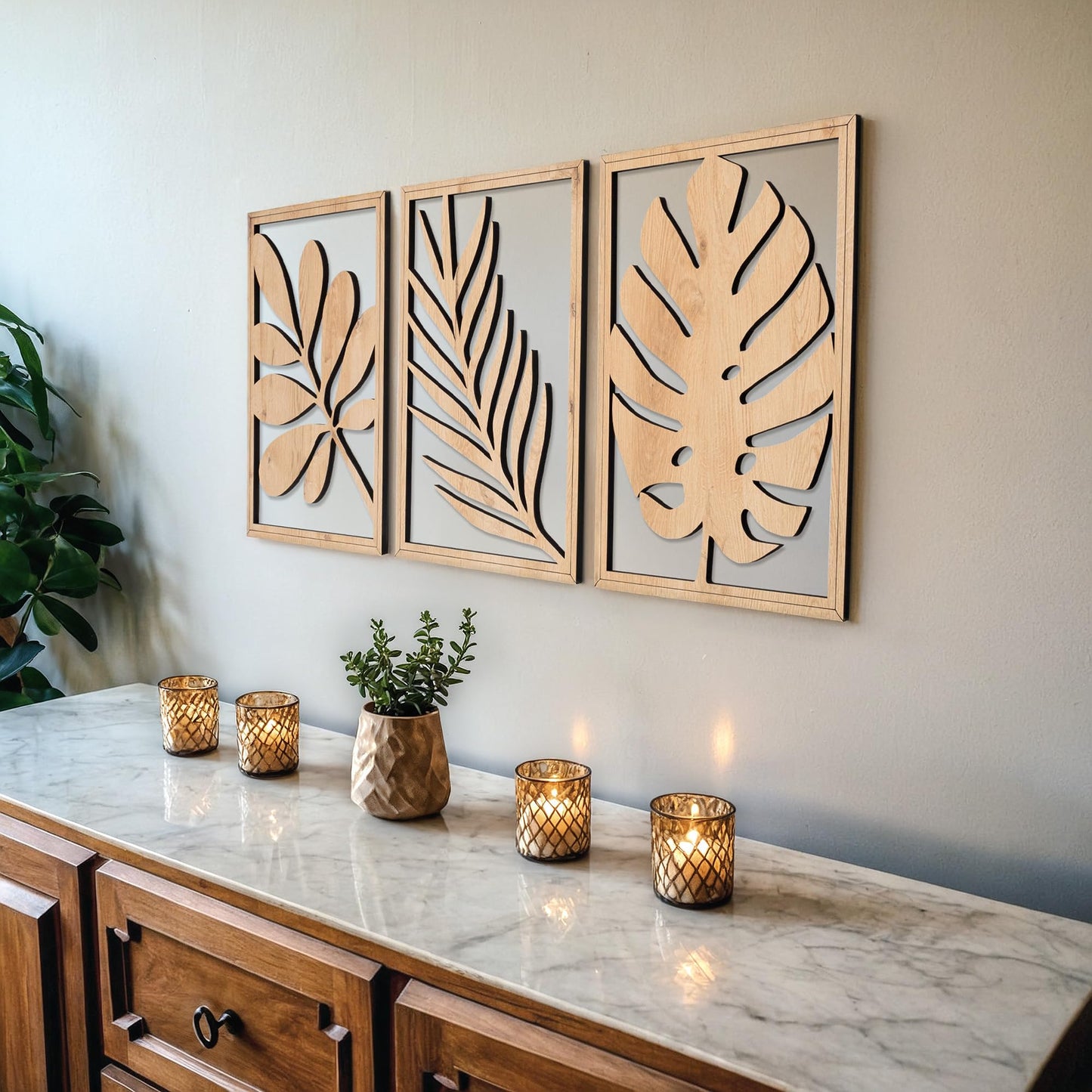 qmmp Modern Wooden Wall Sculptures - Set of 3 - Home Decor Accent - Large Wall Art for Living Room, Bedroom, Office - Easy Installation (Walnut, Medium - Mountain and Sun)