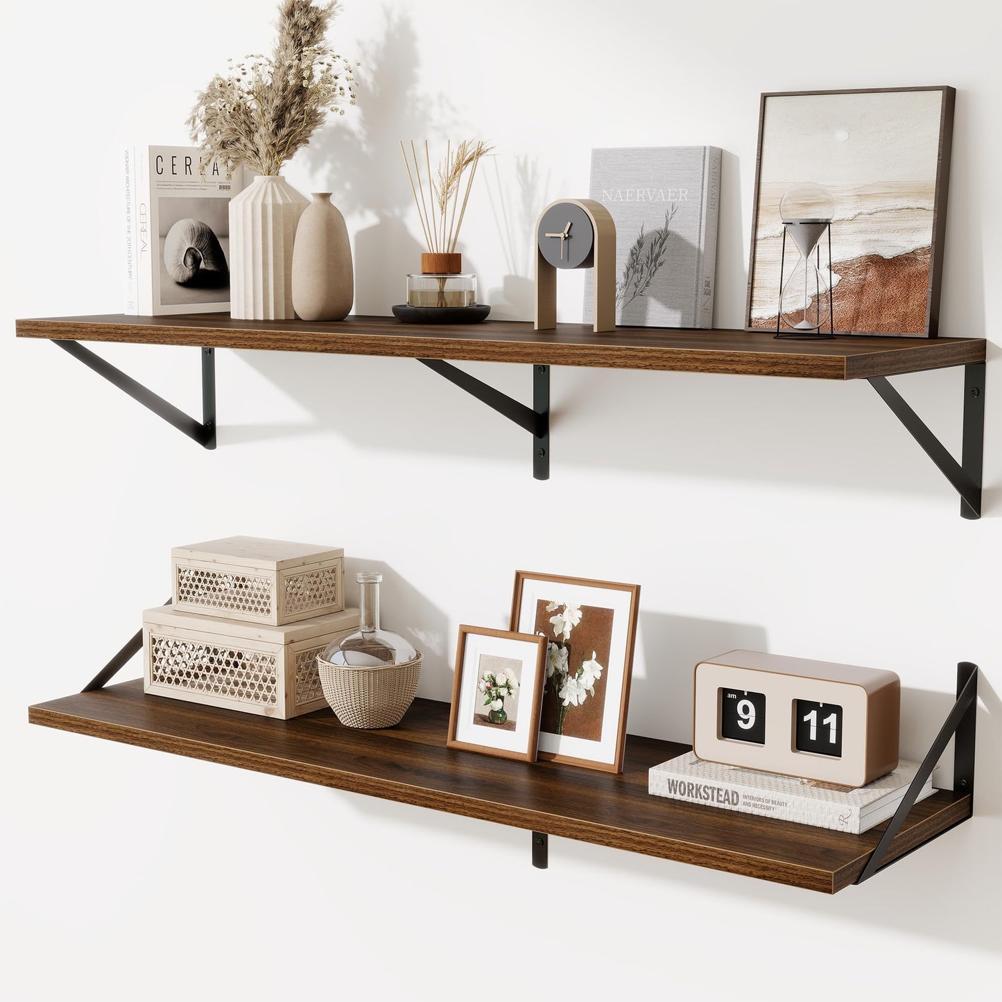 Acovy Deep Floating Shelves Wall Mounted, 36"x12" Black Wall Shelves with Brackets Set of 2 for Bedroom, Living Room, Bathroom, Kitchen, Office - Storage & Display Shelf for Decor, Books, Plants