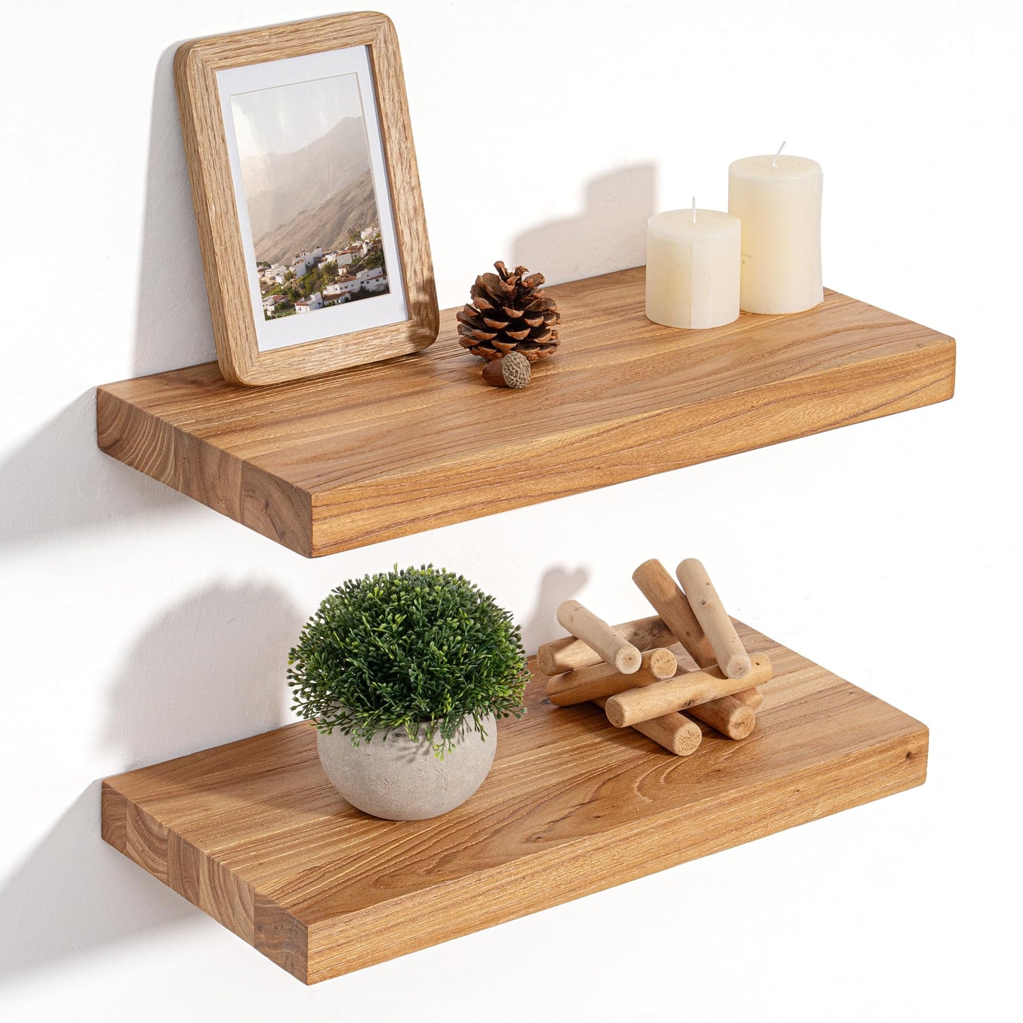 Floating Shelves for Wall Decor, Rustic Solid Elm Wood Live Edge Floating Shelves Wall Mounted, Wall Shelves with Invisible Bracket for Living Room Bathroom Bedroom Kitchen, 24 Inch Set of 2, Natural