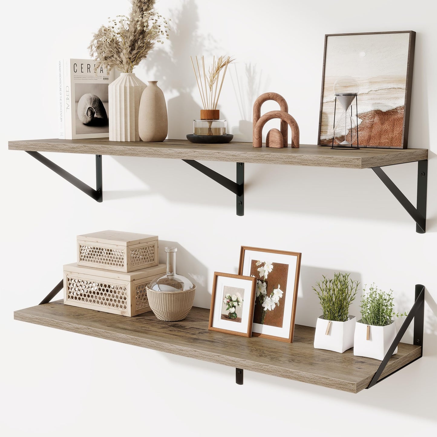 Acovy Deep Floating Shelves Wall Mounted, 36"x12" Brown Wood Shelves with Brackets Set of 2 for Bedroom, Living Room, Bathroom, Kitchen, Office - Storage & Display Shelf for Decor, Books, Plants