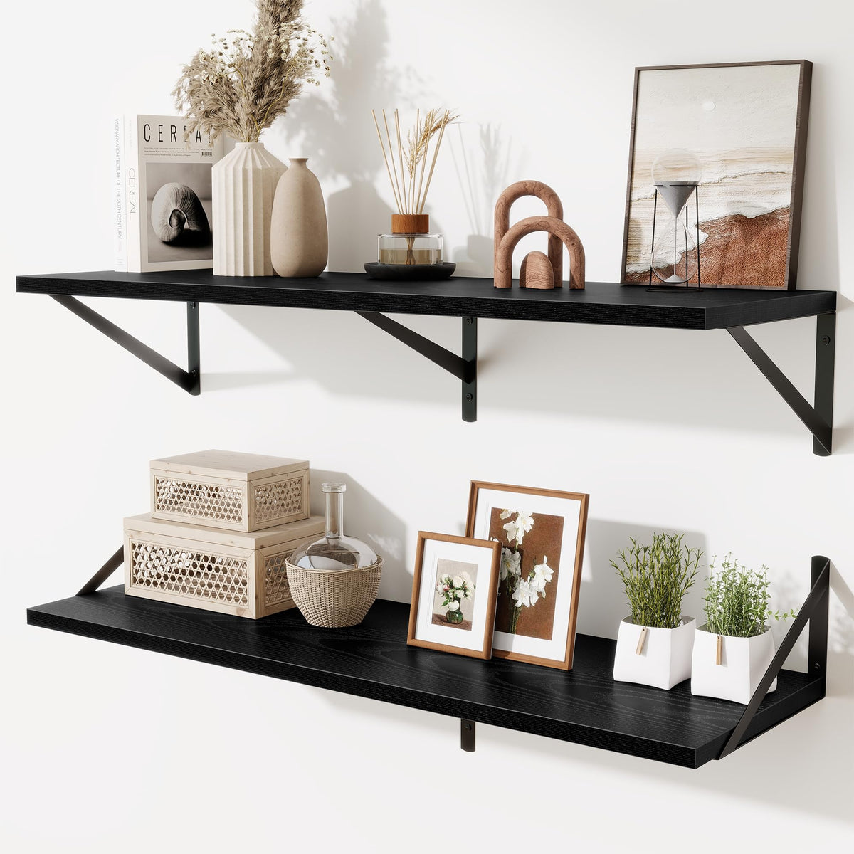 Acovy Deep Floating Shelves Wall Mounted, 36"x12" Black Wall Shelves with Brackets Set of 2 for Bedroom, Living Room, Bathroom, Kitchen, Office - Storage & Display Shelf for Decor, Books, Plants