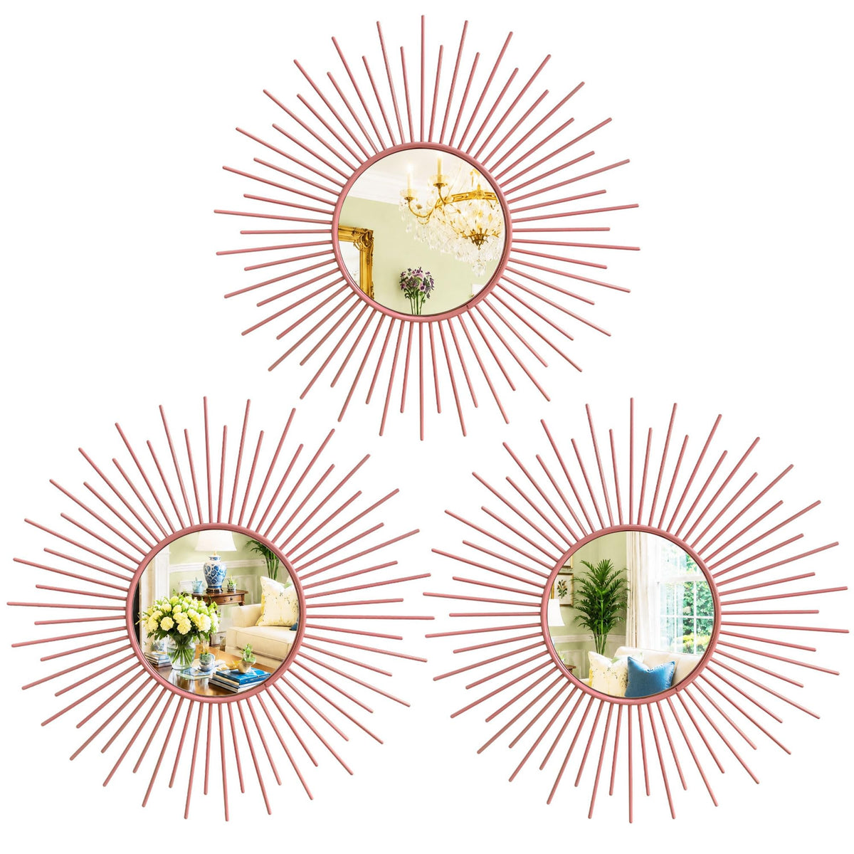 3 Pack Metal Mirrors for Wall Sunburst Wall Mirrors Home Décor Decorative Hanging Wall Art for Living Room Bedroom Entryway (Gold, Flower+Sunburst)