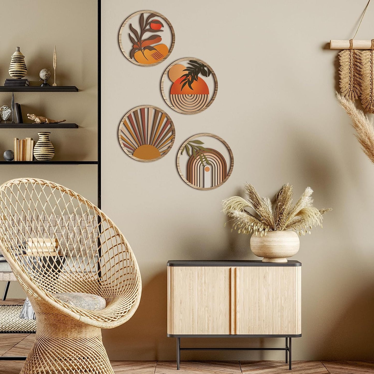 Qunclay 4 Pcs Boho Wall Art Bohemian Wood Round Circle Wall Decor Stylish