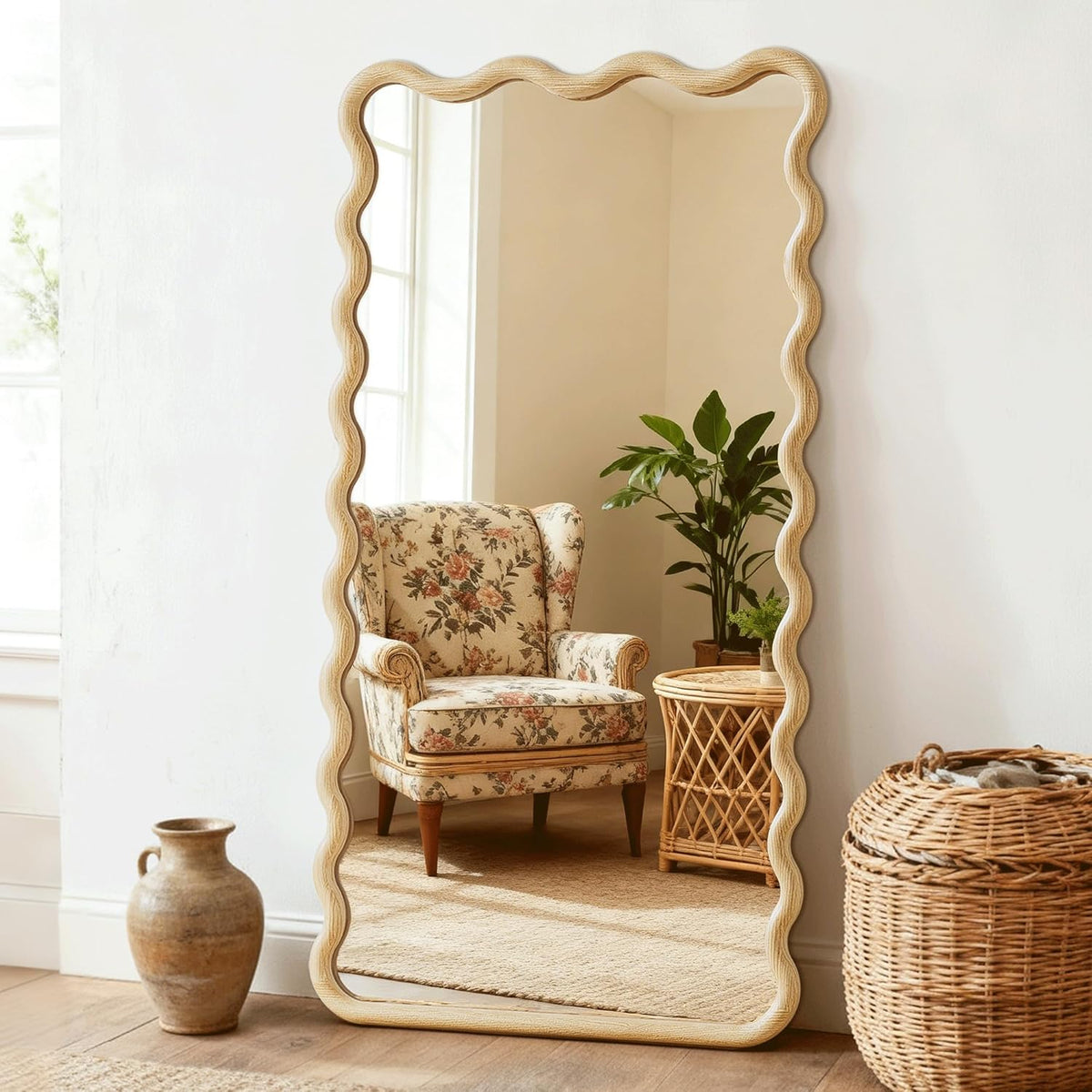 Full Length Mirror, 55”x28” Wavy Wood Floor Mirror for Wall