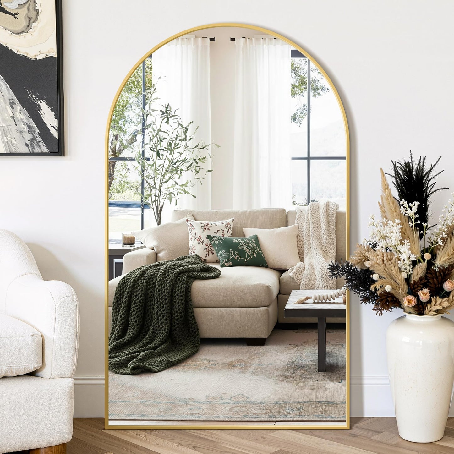 Arched Full Length Mirror, 56"x15" Standing Body Mirror for Wall, Gold