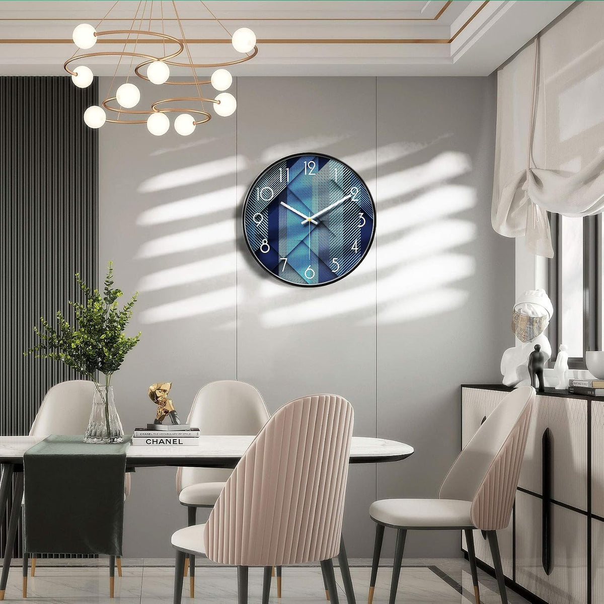 Silent Non-Ticking Analog Wall Clock, Geometric Blue Print, 12''