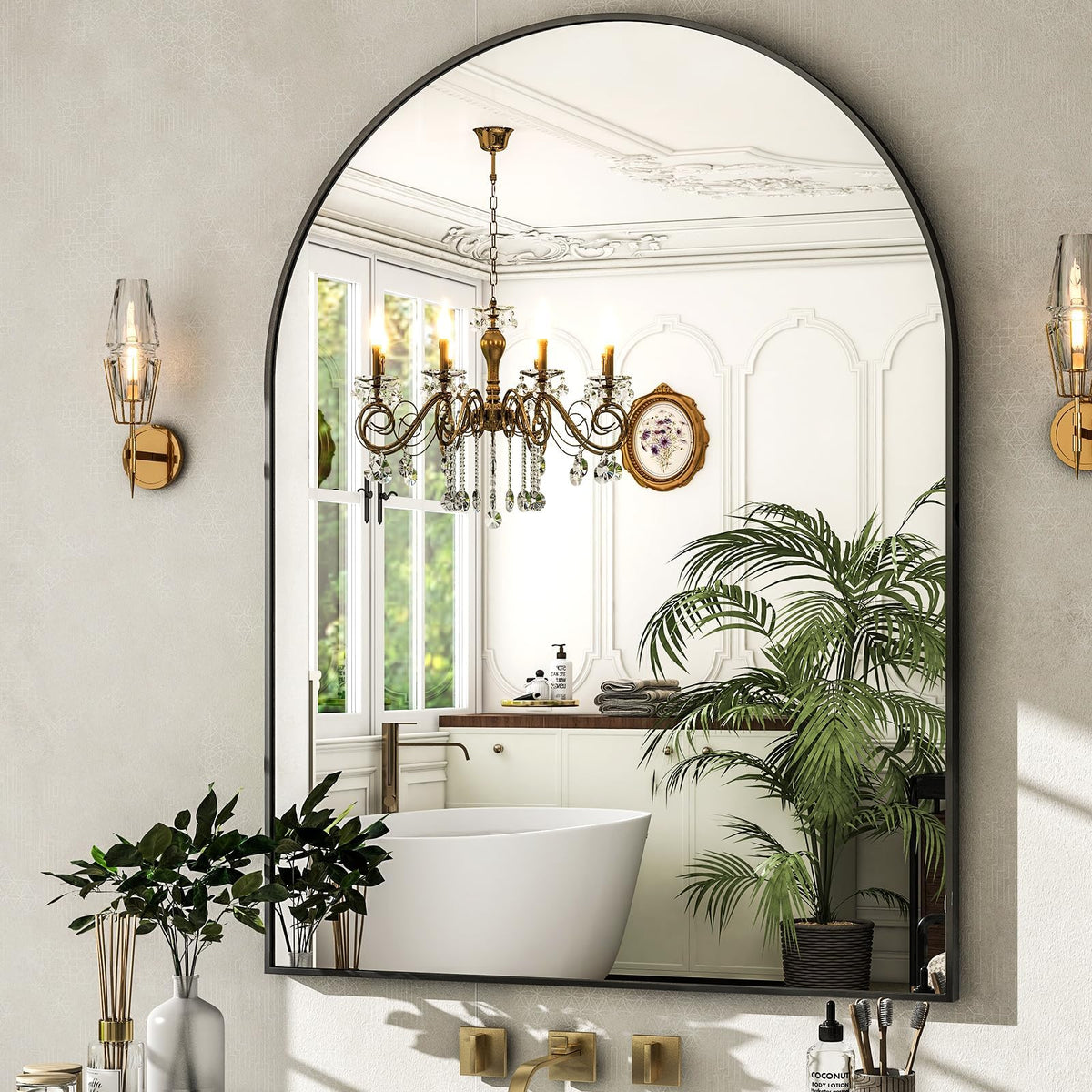 HARRITPURE Arched Wall Mirror 24"x36" Black Metal Frame Vanity Mirrors