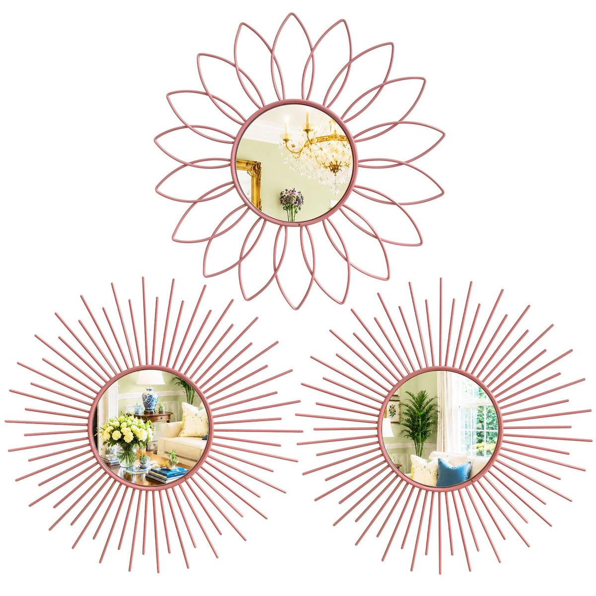 3 Pack Metal Mirrors for Wall Sunburst Wall Mirrors Home Décor Decorative Hanging Wall Art for Living Room Bedroom Entryway (Gold, Flower+Sunburst)
