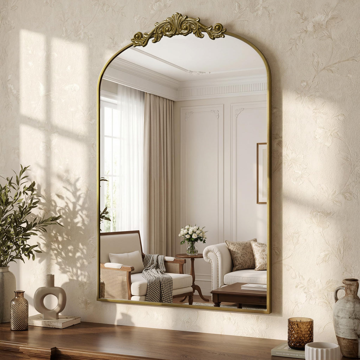 Vintage Bronze Arched Wall Mirror, 30"x36" Antique Metal Frame
